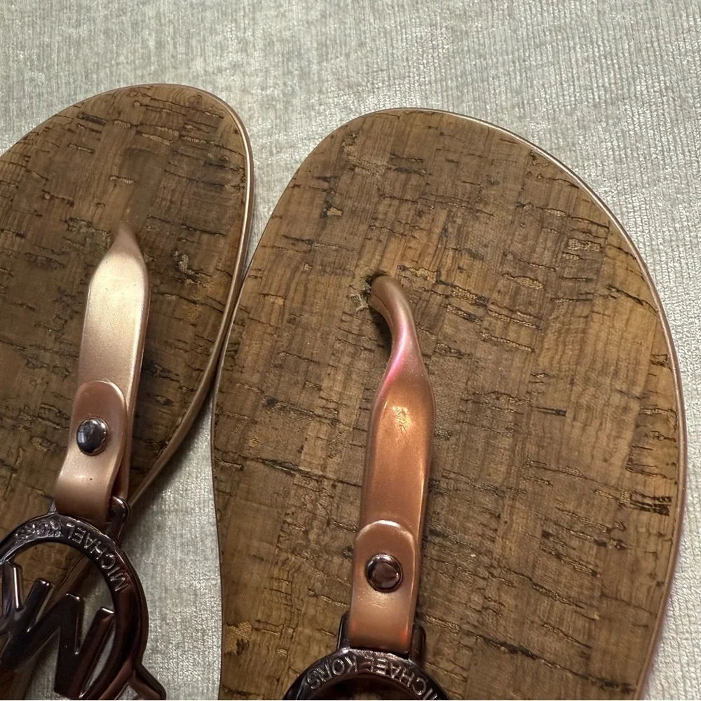 Michael Kors Rose Gold Logo Cork Thong Sandals Size 8
